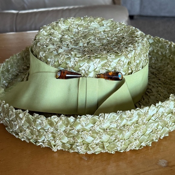 Vintage Straw Derby Hat-Union Made, Green w/Ribbon - Picture 1 of 13